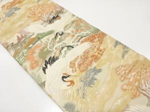 アンティーク　鶴に屋敷風景・草花模様織り出し丸帯（材料）